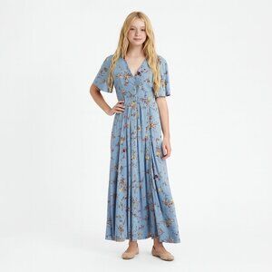 Blue Floral Button-Front Maxi Dress Pockets Size 6  Cottage Romantic Boho